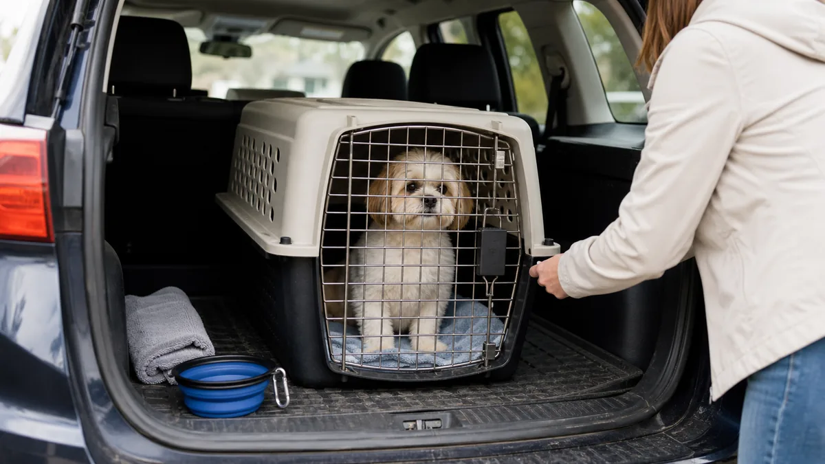 車内に固定したクレートで落ち着く犬