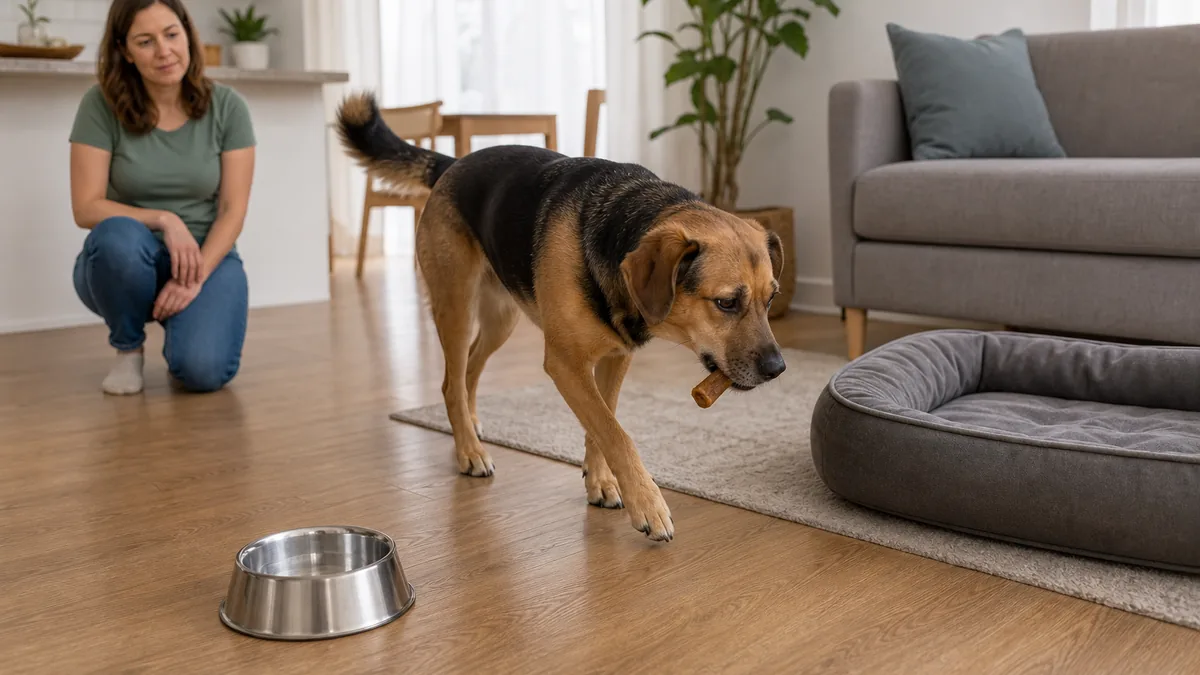 おやつを食器から離れたベッドへ運ぶ犬