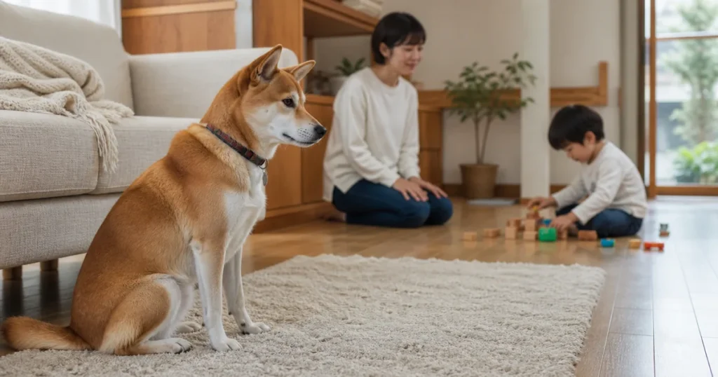 子どもと距離を取りながら大人が見守る犬