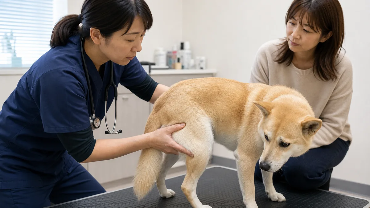 寝る前に回る行動について動物病院で腰と関節を確認する犬