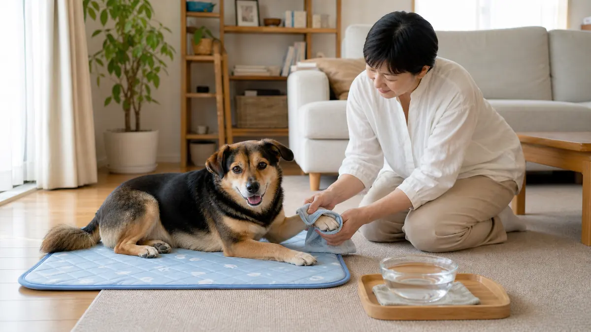 涼しい室内でクールマットと水をそばにして休む犬。