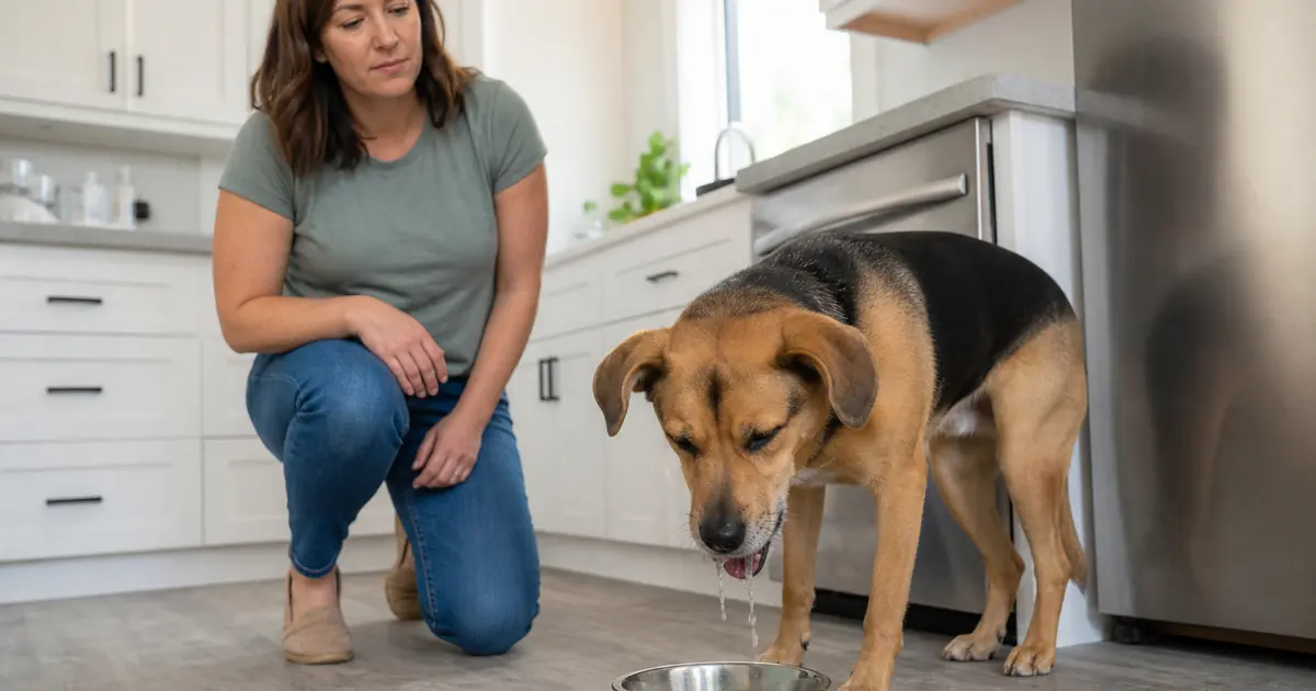 水を飲んだ後にむせる犬を飼い主が見守る受診目安の記事画像