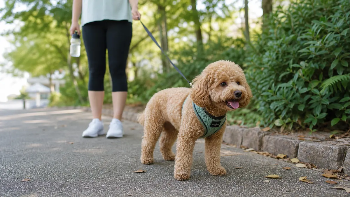 首への負担を減らすためハーネスで散歩後に休憩する小型犬