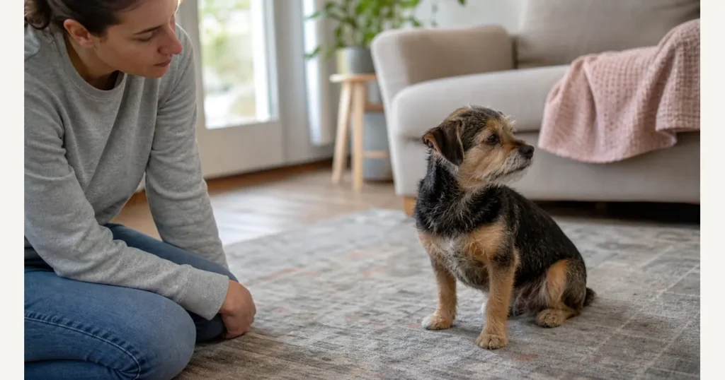 室内で犬の呼吸や咳の様子を落ち着いて観察する飼い主