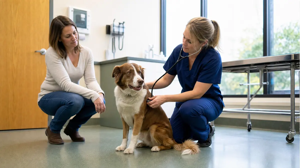 動物病院で犬の胸の音と呼吸状態を確認してもらう様子