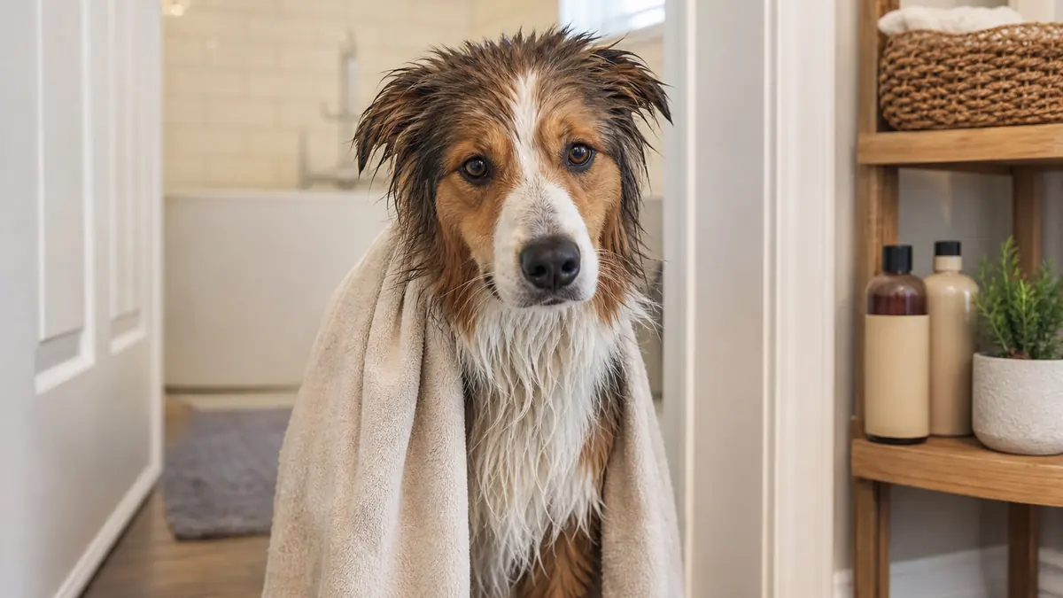 犬用シャンプー後にタオルでやさしく乾かしている犬