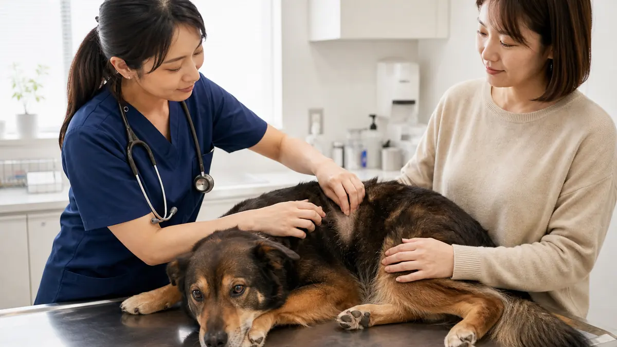 動物病院で獣医師が犬の皮膚を確認している様子
