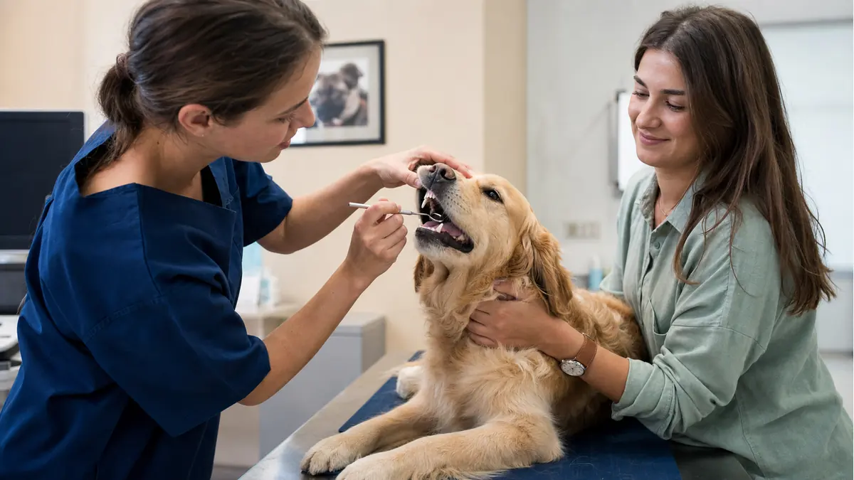 動物病院で犬の口元を獣医師が穏やかに診察している様子