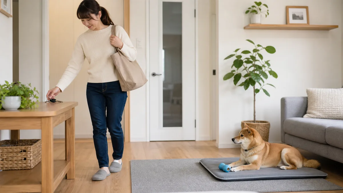 鍵やバッグを使って外出前の合図を練習する犬と飼い主