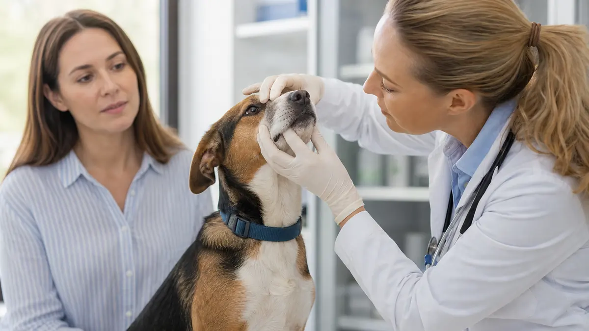 動物病院で犬の鼻と口まわりを獣医師が確認している様子