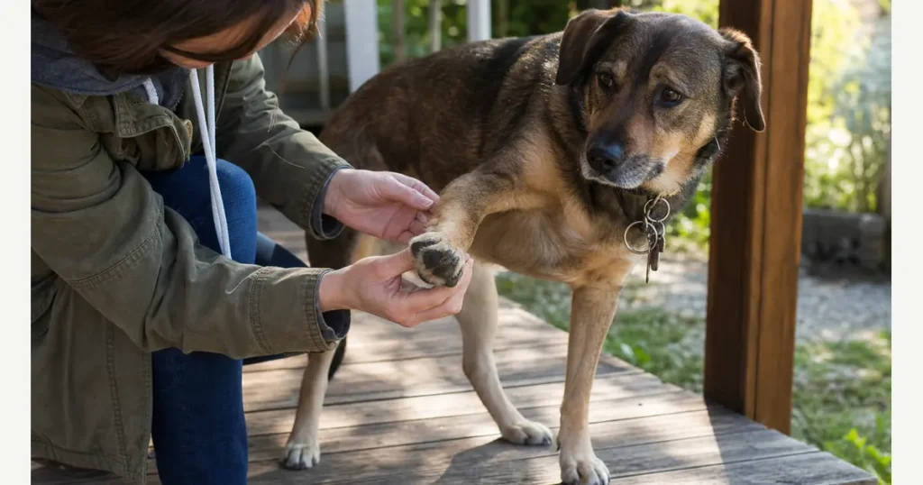 散歩後に犬の肉球の乾燥やひび割れを確認している様子
