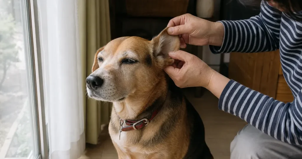 耳の外側をやさしく確認してもらう犬