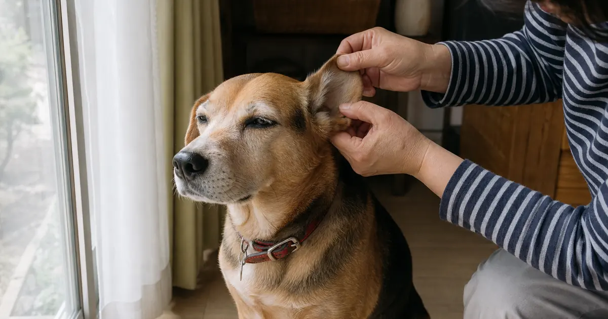 耳の外側をやさしく確認してもらう犬