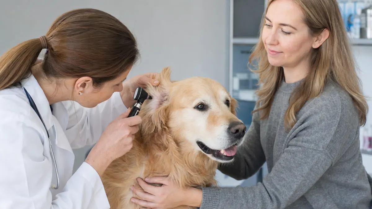 動物病院で耳を診察してもらう犬