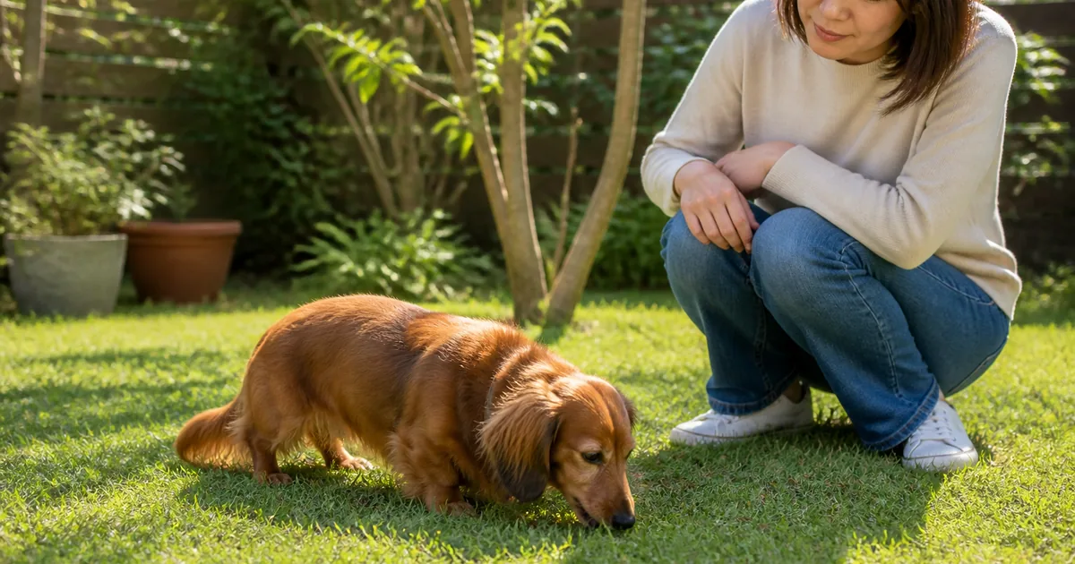 清潔な庭で少量の草を口にする犬