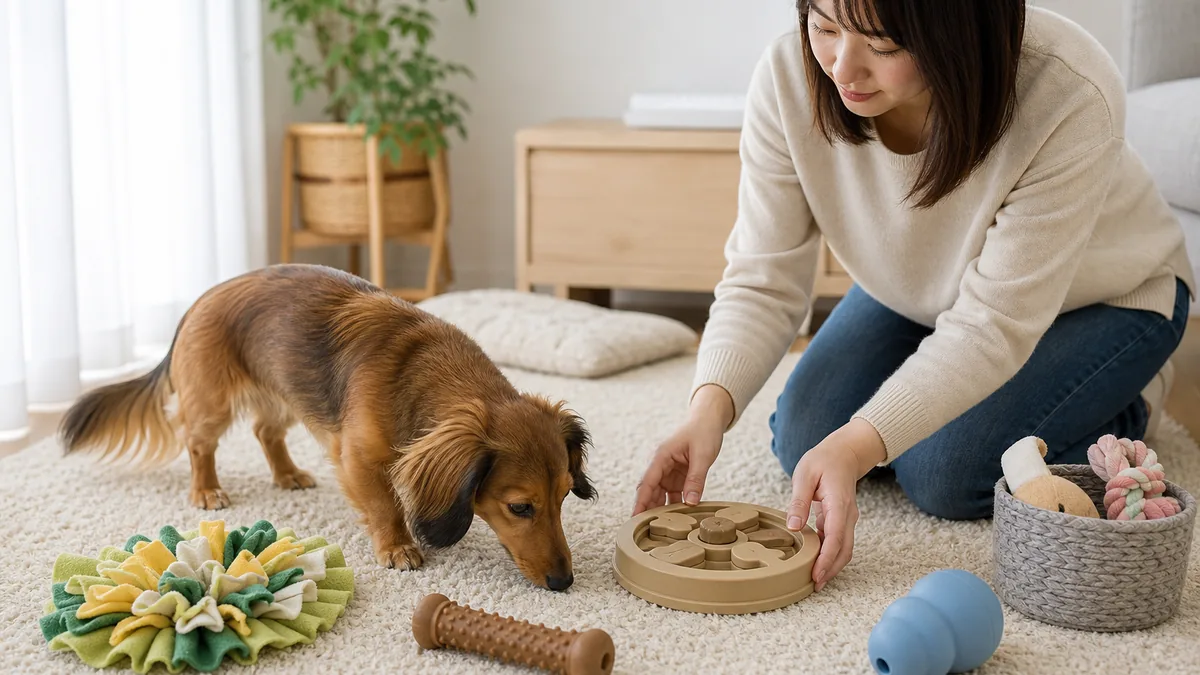 草を食べる代わりに知育遊びで過ごす犬