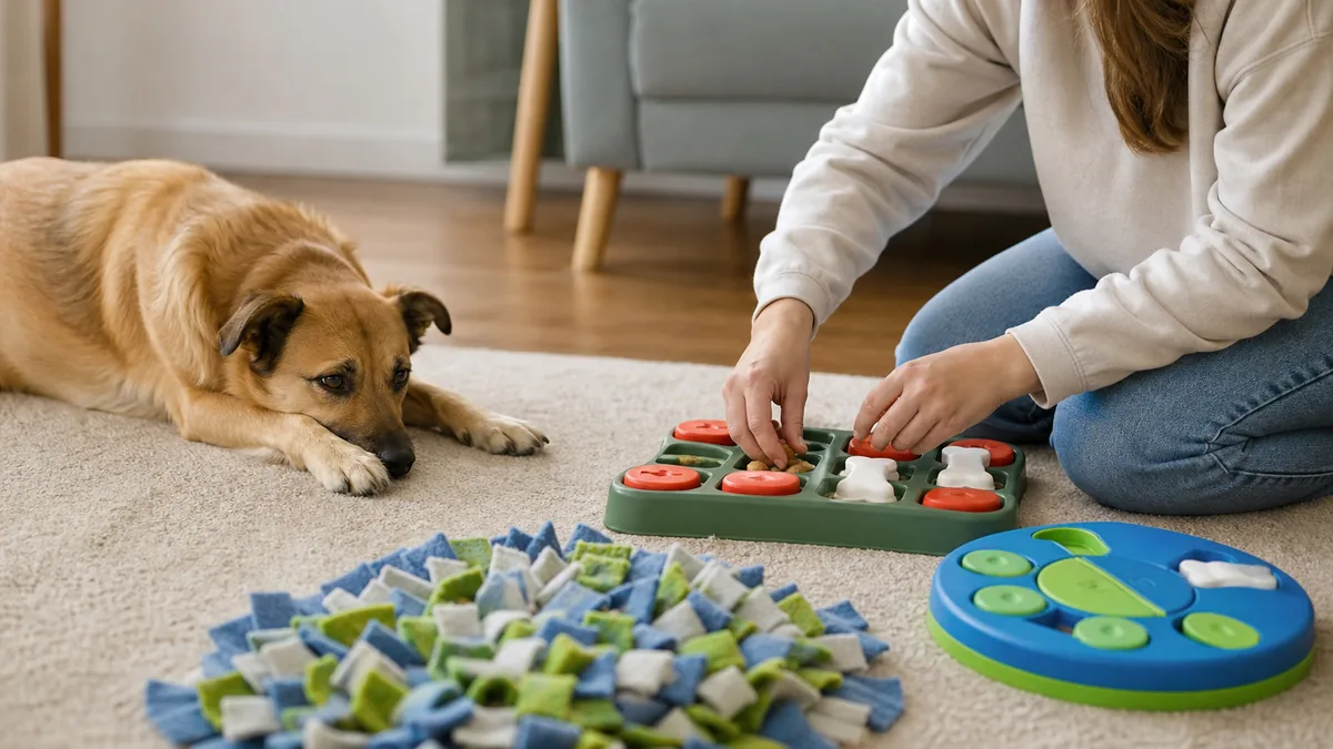 しっぽ追いの代わりに知育玩具で遊ぶ犬