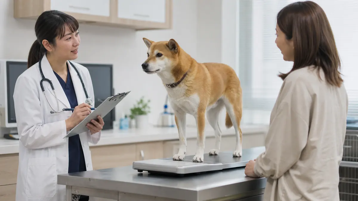 動物病院で飲水量の変化を相談する犬と飼い主