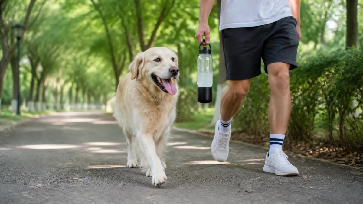 散歩中に水分補給をしながら犬の様子を見る飼い主