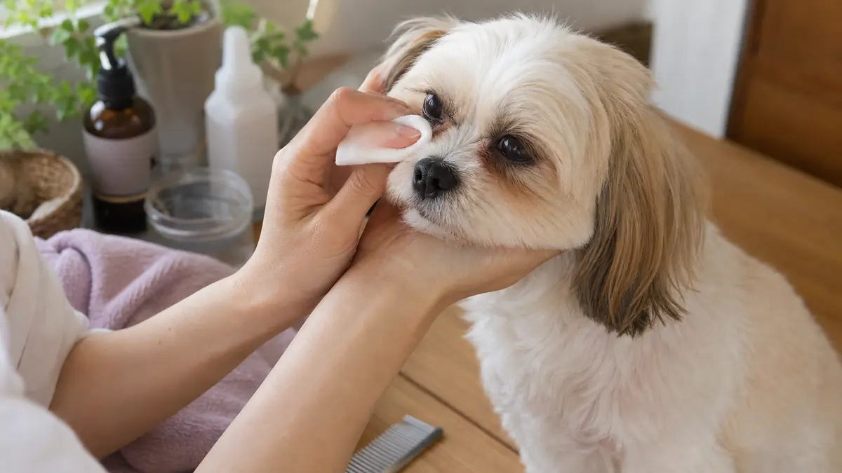 家庭で犬の目元を湿らせたコットンでやさしく拭く日常ケア。