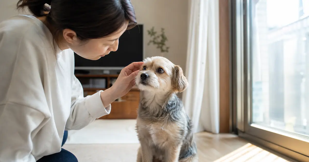 犬の目やにが多いときに飼い主が明るい窓際で目元を確認している様子
