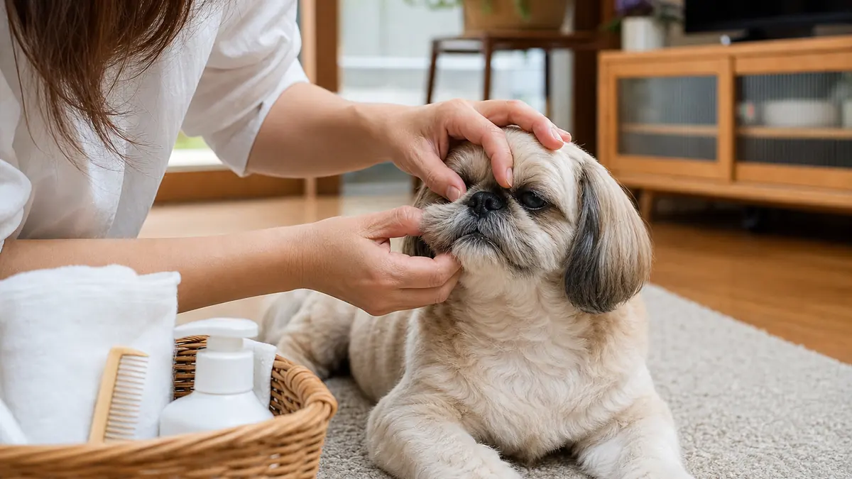 短頭種の犬の顔まわりを家でやさしく確認している様子