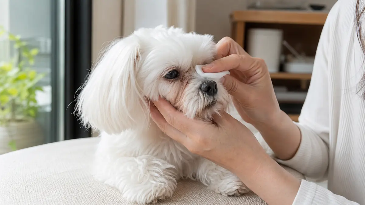 白い小型犬の目元を湿らせたコットンでやさしく拭いている様子