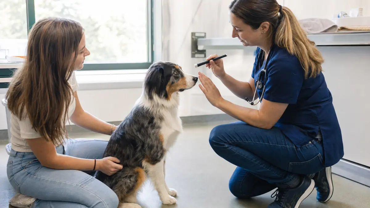 動物病院で犬の目元を獣医師が穏やかに確認している様子