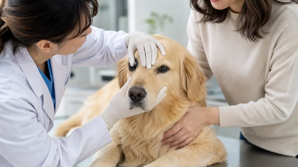 動物病院で獣医師に目元をやさしく確認される犬と見守る飼い主。