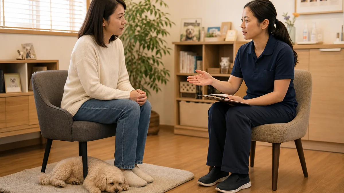 足元で寝る行動と安心できる距離を専門家に相談する犬と飼い主