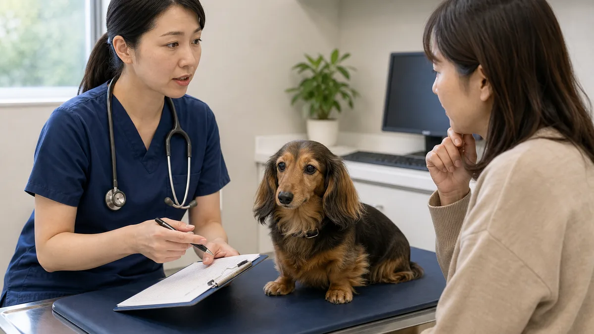 草を食べる頻度と嘔吐について動物病院で相談する犬と飼い主