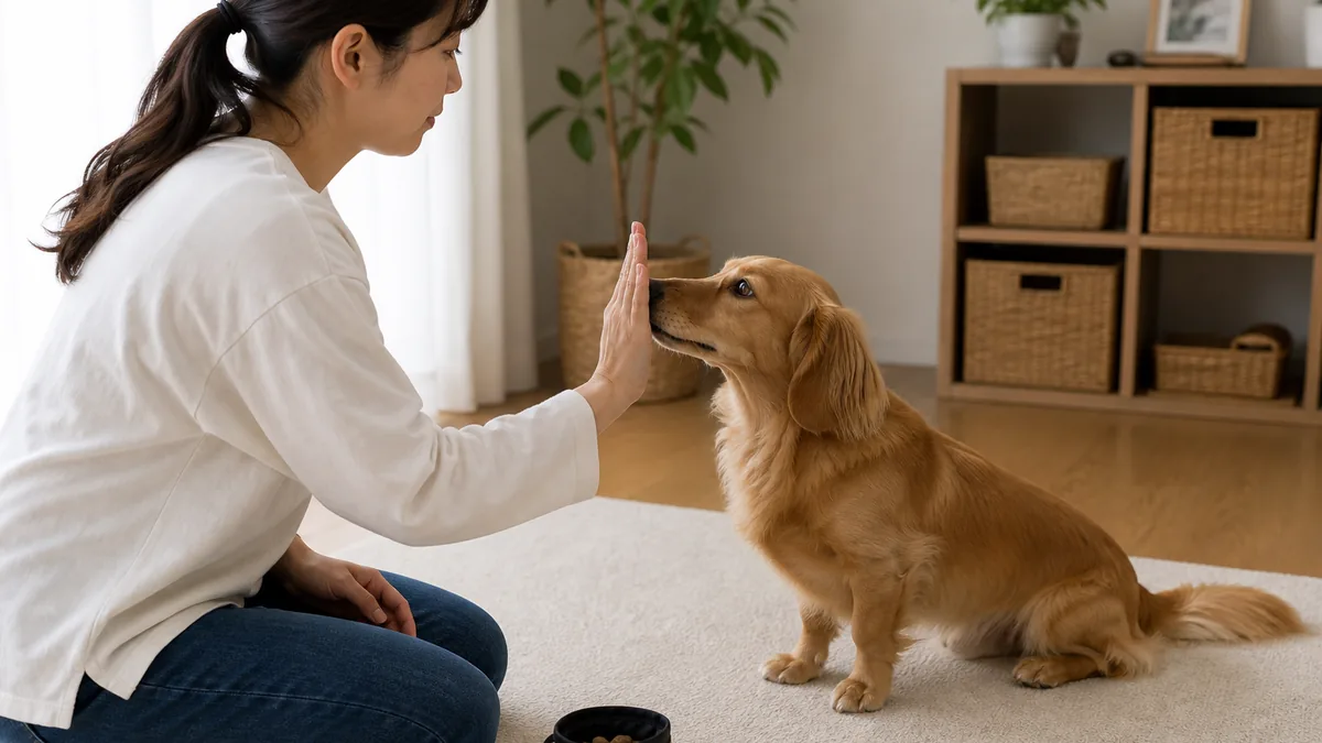 鼻で手に触れるハンドターゲットを練習する犬
