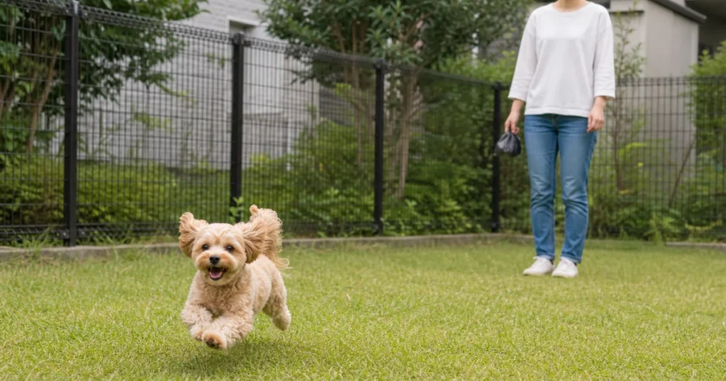 トイレ後に安全な庭で短く走る犬