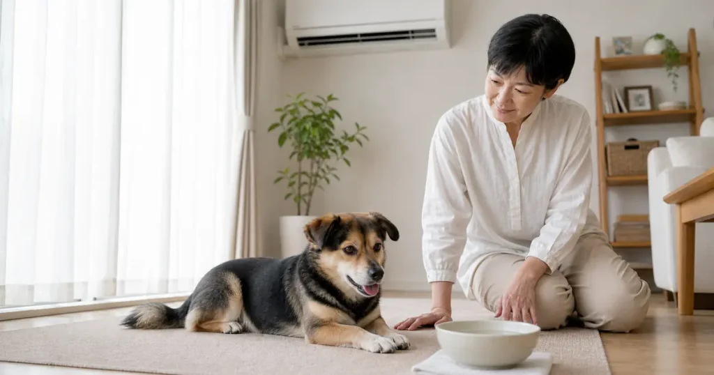 犬の熱中症予防として暑い日に涼しい室内で休む犬