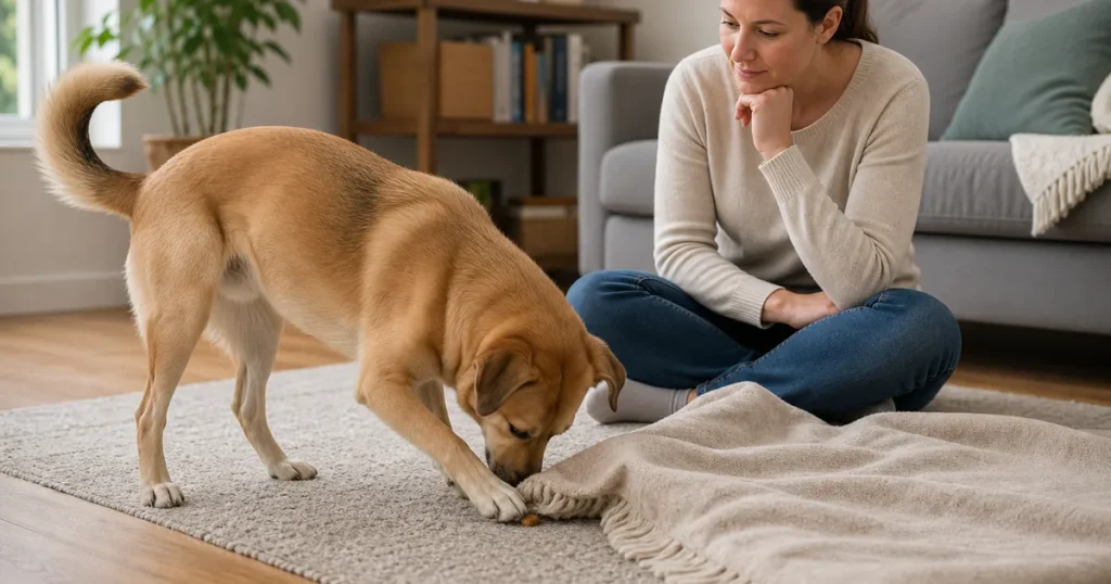 ブランケットの端にごはんを隠そうとする犬