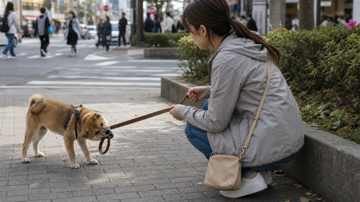 刺激の多い道から離れて落ち着く犬と飼い主