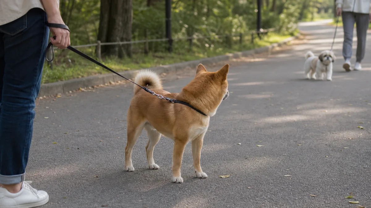 散歩中に他の犬から目をそらして距離を取る犬