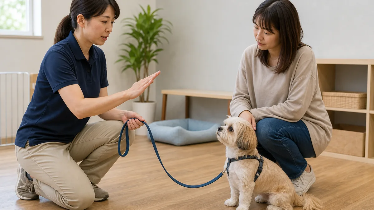 落ち着いたリード歩行の練習を専門家に相談する犬と飼い主