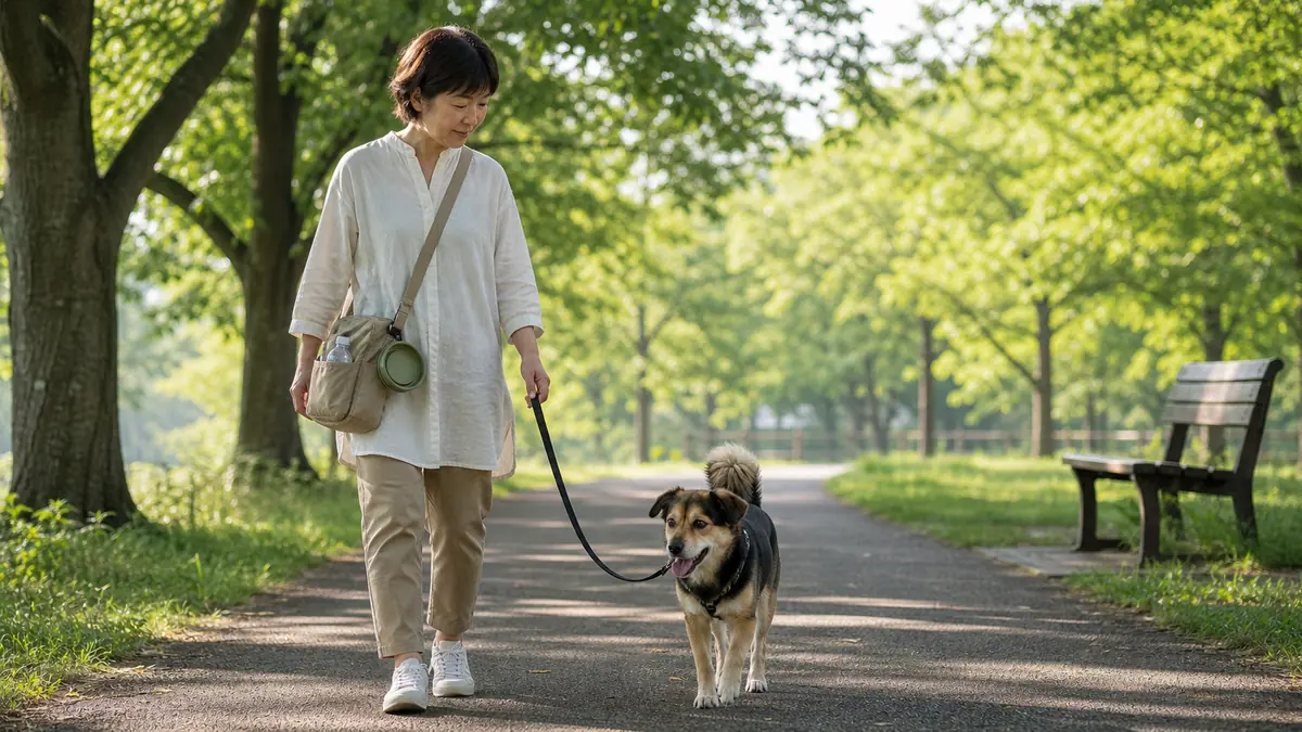 早朝の木陰を水を持った飼い主とゆっくり歩く犬。