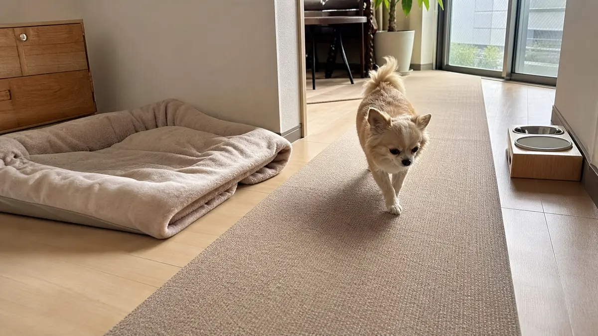 犬の寝床から食器まで続く滑りにくいマットの通り道。