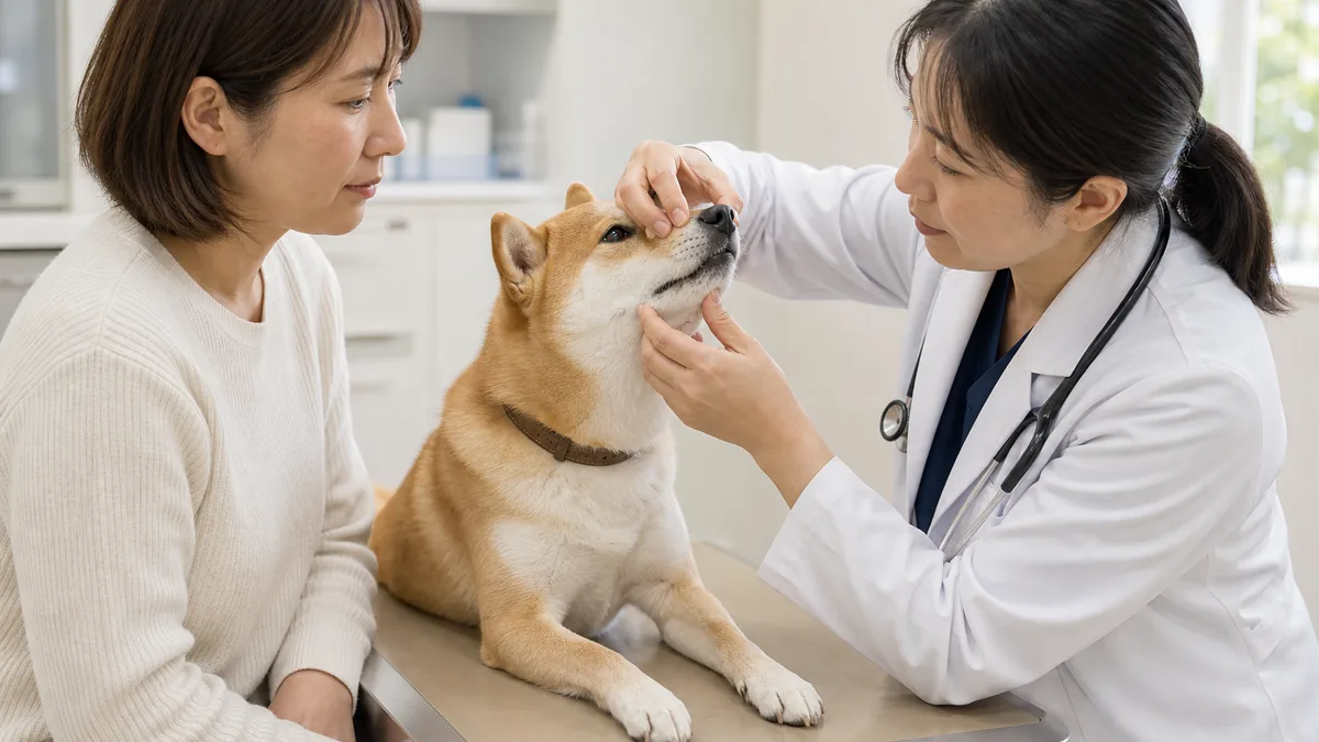 鼻でツンツンする行動と鼻口まわりを動物病院で確認する犬
