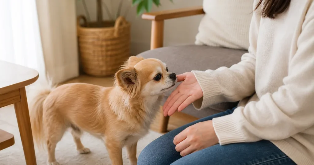 飼い主の手を鼻でそっとツンツンする犬