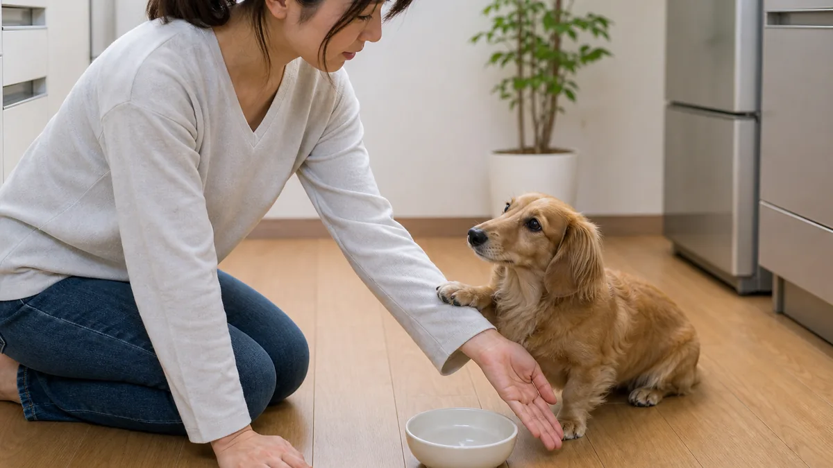 空の水皿を鼻で知らせる犬