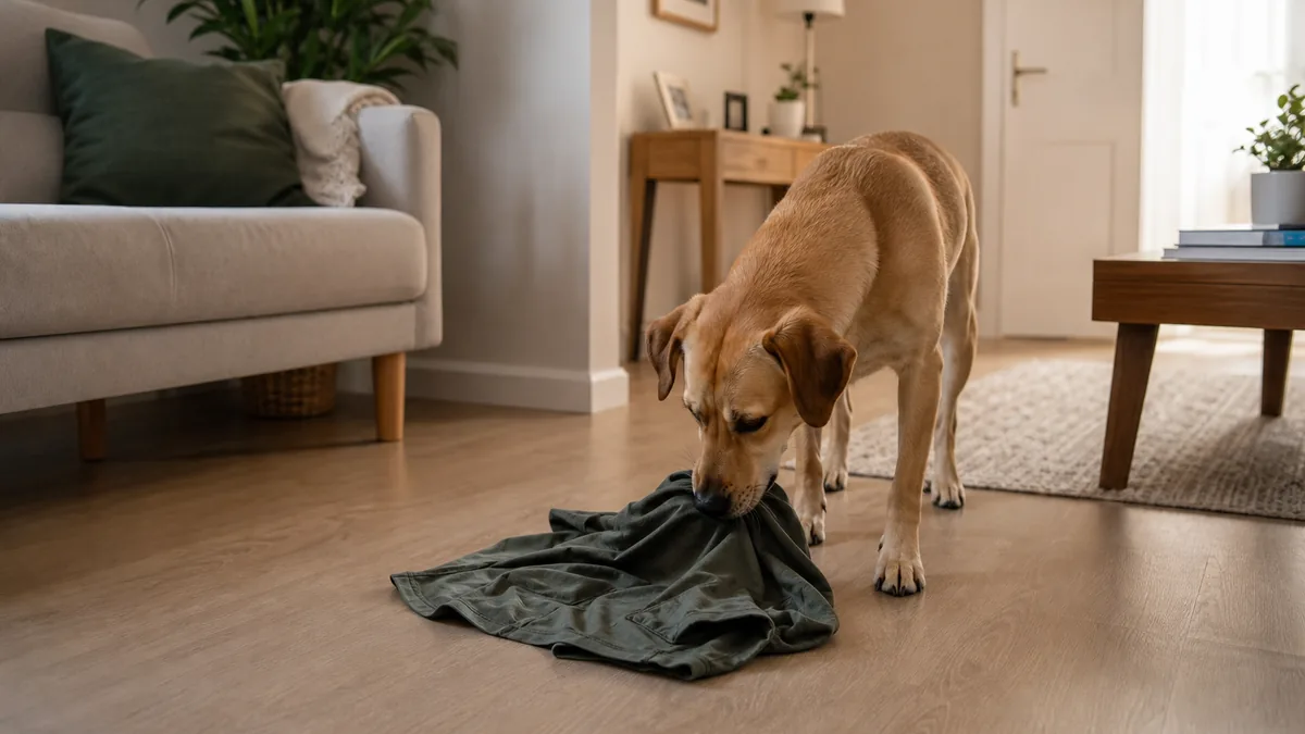留守番中に飼い主のTシャツの上で休む犬