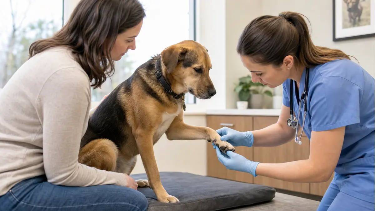 動物病院で犬の肉球と足指の間を確認している様子
