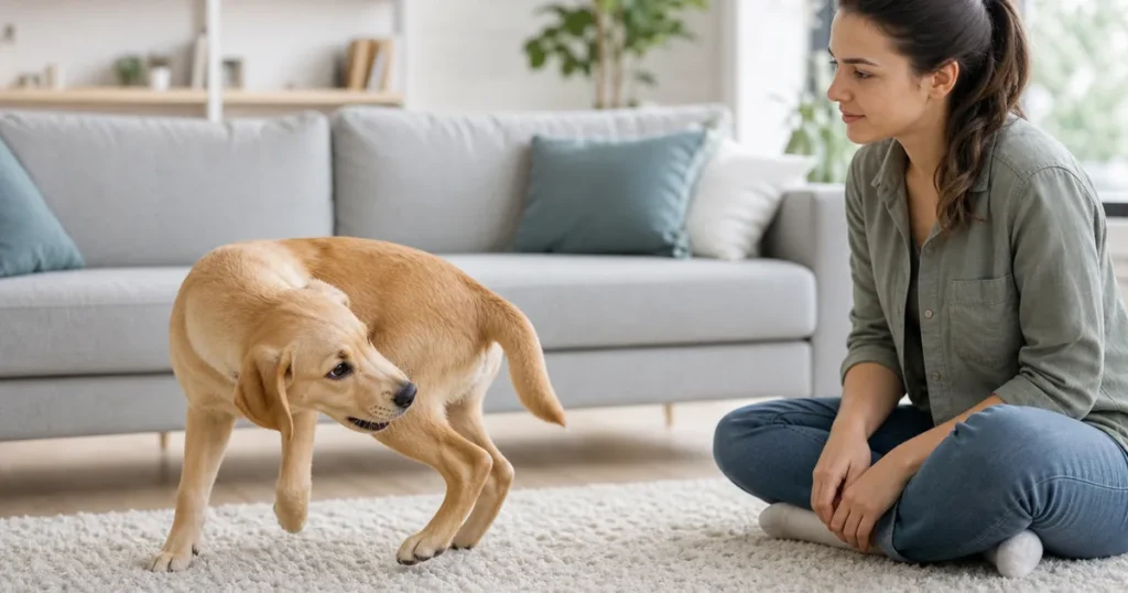 遊びのようにしっぽへ一度振り向く犬
