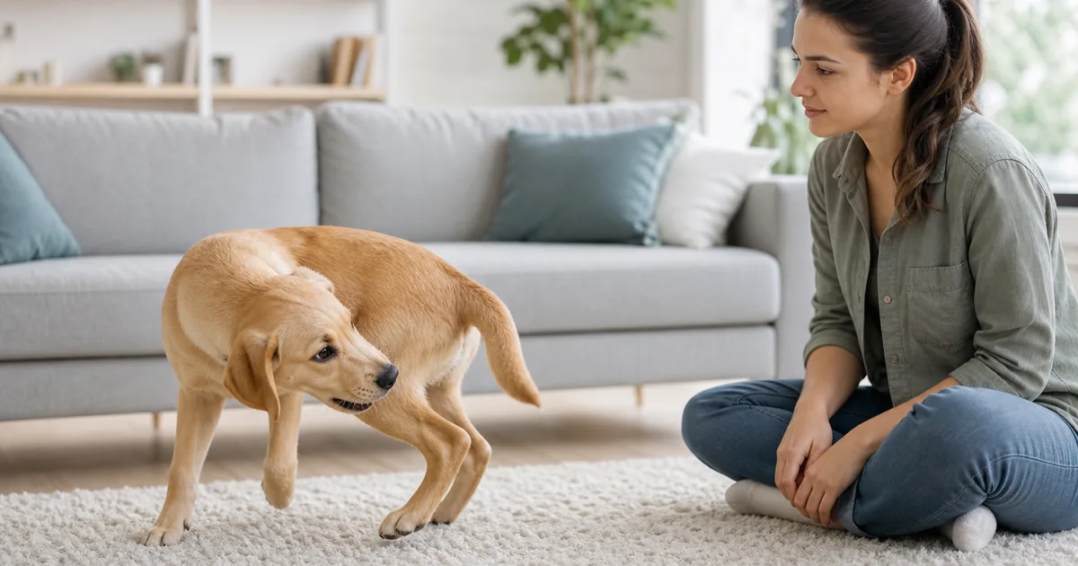 遊びのようにしっぽへ一度振り向く犬
