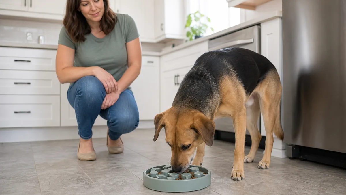 知育フィーダーで落ち着いて食事をする犬