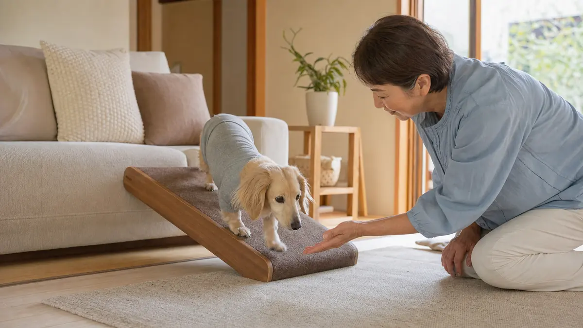 ソファ横の低いスロープをゆっくり使うシニア犬。