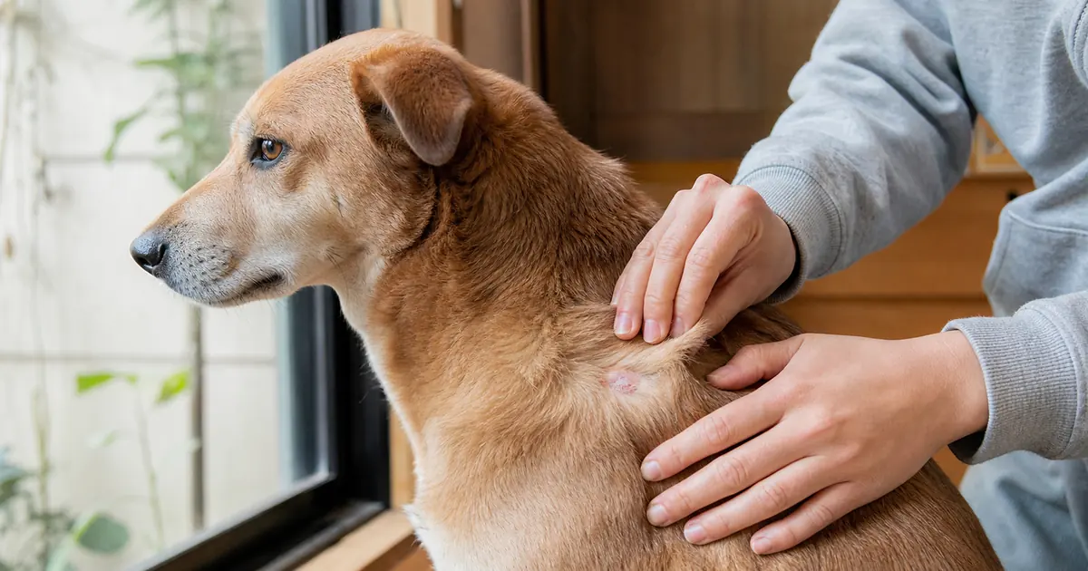 飼い主が犬の肩まわりの赤みとかゆみをやさしく確認している様子